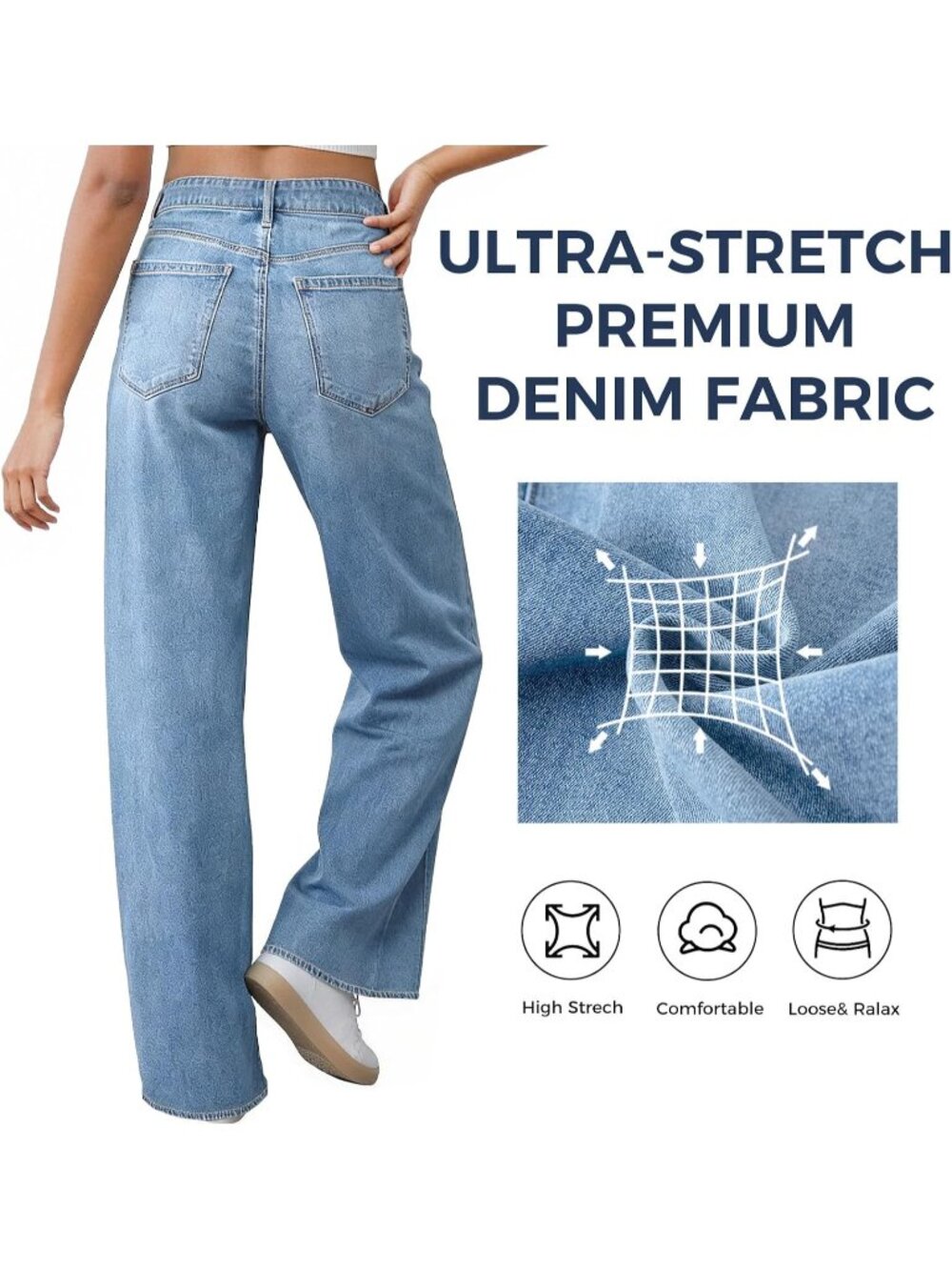 Women's Light Blue High Waisted Baggy Loose Straight Denim Pants Wide Leg Jeans - Picture 6 of 6